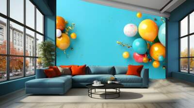 Colorful Balloons with Confetti on a Blue Background Wall mural