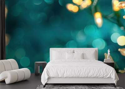 Festive Christmas Lights with Teal Background and Bokeh Wall mural