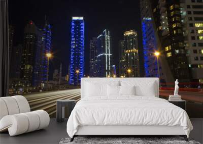 Night city skyline in Marina district, Dubai Wall mural