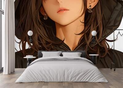 Anime Girl Portrait with Long Hair and Hooded Jacket Wall mural