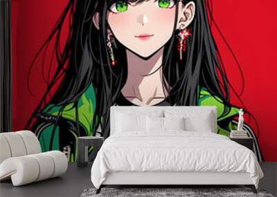 Anime Girl with Green Eyes and Long Black Hair in a Green Jacket Wall mural