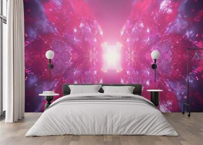 A mesmerizing digital abstract design featuring vibrant pink and purple hues, creating a dynamic interplay of light and depth with a central glowing element. Wall mural