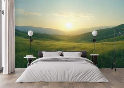 A serene landscape featuring rolling hills covered in lush green grass, illuminated by the warm glow of a rising sun, capturing the beauty and tranquility of nature. Wall mural