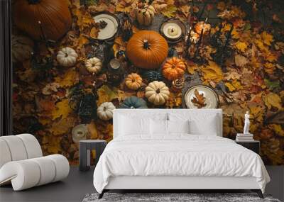 A cozy fall setting with a Halloween-themed table setup surrounded by autumn leaves, pumpkins, and spooky decor Wall mural