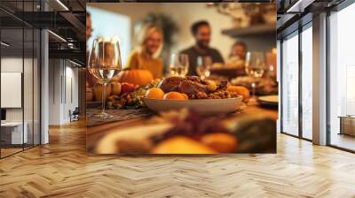 A modern Thanksgiving celebration in an urban apartment, with friends gathered around a table set with a mix of contemporary and traditional decor, enjoying a variety of global dishes Wall mural