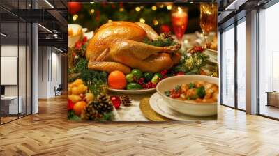 Classic Christmas Feast with Golden Turkey and Festive Decor Wall mural