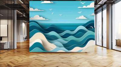 Abstract blue sea and summer beach background with paper waves and sea coast for banner, invitation, poster or website design. Paper cut pattern, imitating 3D effect, space for text,  illustration Wall mural