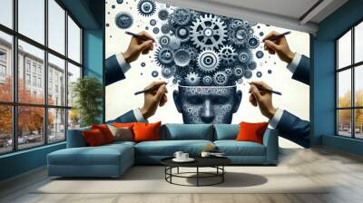 creative thinking  Group of gears working i human brain or head  Animation on a white background  creativity  Art style photo, blurred edges Wall mural