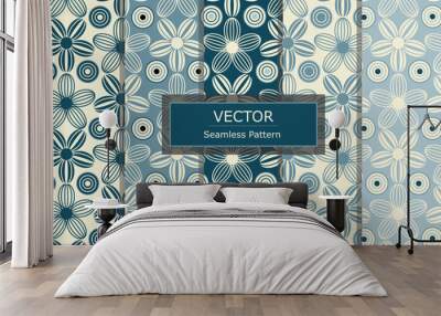 Geometric floral shape seamless repeat set of dark and light blue pattern background design Wall mural