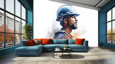 .Double exposure photography of construction worker and skyscraper, on white background Wall mural