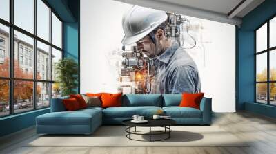 Double exposure photography of electrician and faulty circuit, on white background Wall mural