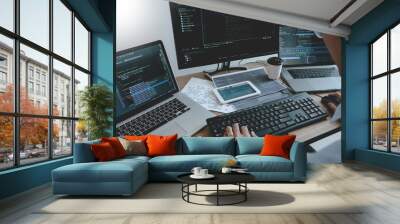 Programmer Typing Code on desktop computer, Developing programming and coding technologies concept. Wall mural