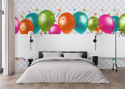 Colourful Balloons with confetti and streamers white Paper free Space. Transparent background. Birthday, Party and Carnival Vector. Wall mural