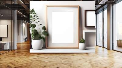 Mockup of wooden frame on white table. Generative ai. Wall mural