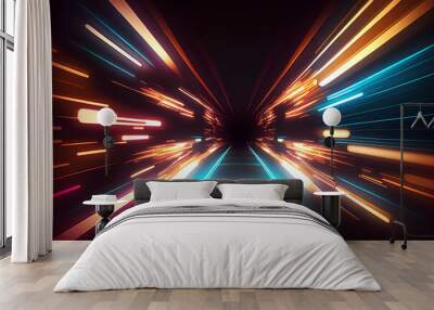 Neon lights speed tunnel background. Generative ai. Wall mural