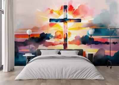 Watercolor cross over sky at sunset. Generative ai. Wall mural