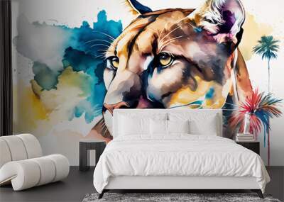 Watercolor florida panther colorful painting. Generative ai. Wall mural