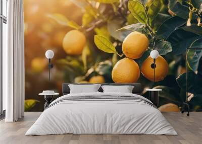 A close-up of ripe lemons hanging on a tree branch in a sunny orchard. Wall mural