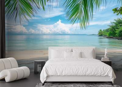 Tropical Beach with Palm Tree and Clear Blue Water. Wall mural