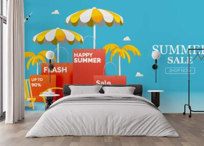 Shopping bag for summer sale banner in 3d art style Wall mural