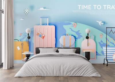 Travel various items in paper art style Wall mural