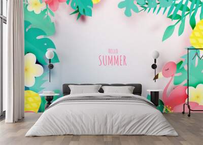 Troical floral with flamingo in paper art style and pastel color scheme Wall mural