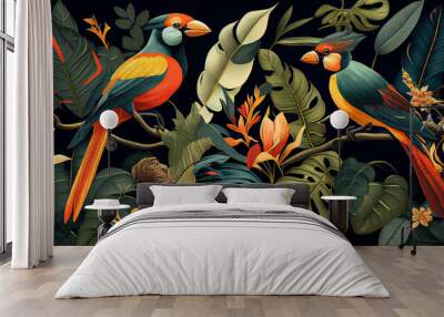 A beautiful bird colorful with seasonal spring theme. Vintage and classic retro bird illustration background for wallpaper. Generative Ai. Wall mural