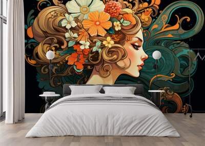 A portrait of a woman with colorful abstract art, in the style of art nouveau organic flowing lines. Wall mural