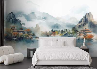 Abstract beautiful traditional chinese or japanese temple house hill with river, cloudy and mountain scenery landscape watercolor painting wallpaper oriental background. Clouds, mountain, river Wall mural