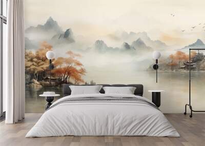 Abstract beautiful traditional chinese or japanese temple house hill with river, cloudy and mountain scenery landscape watercolor painting wallpaper oriental background. Clouds, mountain, river Wall mural