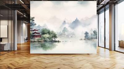 Abstract beautiful traditional chinese or japanese temple house hill with river, cloudy and mountain scenery landscape watercolor painting wallpaper oriental background. Clouds, mountain, river Wall mural