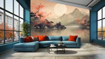 Abstract beautiful traditional chinese or japanese temple house hill with river, cloudy and mountain scenery landscape watercolor painting wallpaper oriental background. Clouds, mountain, river Wall mural