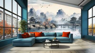 Abstract beautiful traditional chinese or japanese temple house hill with river, cloudy and mountain scenery landscape watercolor painting wallpaper oriental background. Clouds, mountain, river Wall mural