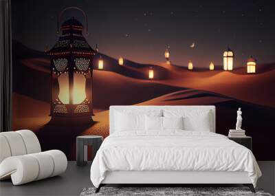 Arabic islamic pattern decoration lantern of ramadan muslim celebration background illustration on desert in the night. Generative AI Wall mural