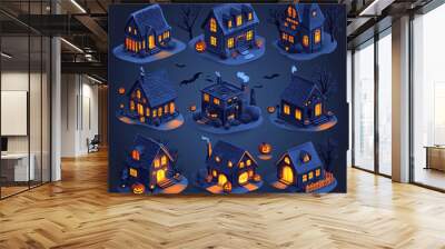 Dark blue and purple night city halloween atmosphere with orange lights lamp set isometric vector flat isolated vector illustration. Wall mural