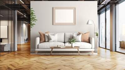 Empty white horizontal frame mockup natural light, bright, feminine, summer, modern background, natural and neutral colors, living room scandinavian.Generative Ai. Wall mural