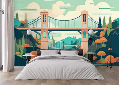 Flat design bridge landscape with sunset and river nature vector illustration Wall mural