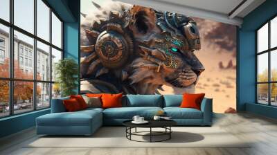 Lion head cyborg with cyberpunk style at desert with a scary face generative ai. Wall mural