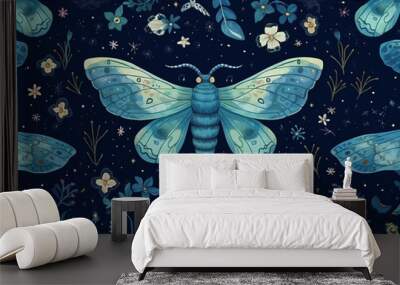 Magic blue seamless pattern with moths. Boho magic background with space elements stars. Vector doodle texture. Wall mural