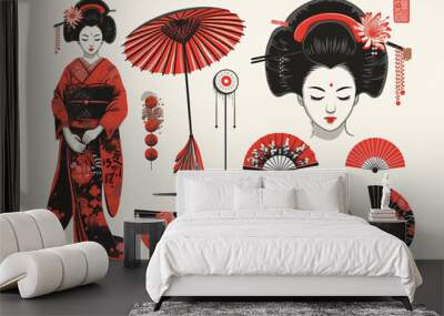 Minimalist and traditional Japanese decorative element seasonal illustration set collection Wall mural