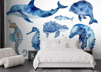 Set of watercolor marine illustrations with sea animals and abstract elements of sea animals. Blue watercolor ocean fish, Medusa, whale, seahorse illustration Wall mural