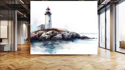 Watercolor lighthouse illustration. Lighthouse, sea and rocks on white background. Hand drawn artwork oil painting Vector Illustration Wall mural