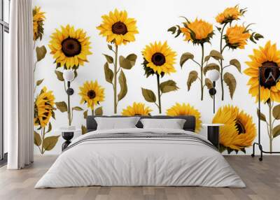 Watercolor sunflowers branch illustration set. Yellow summer flowers and green leaves branch, Floral elements Wall mural