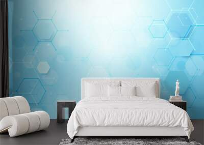 Abstract blue hexagons shape and lines with science concept background Wall mural