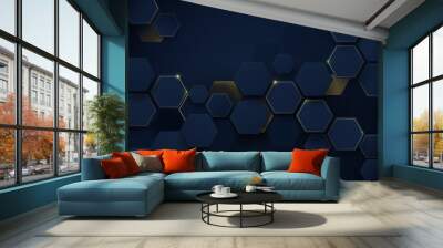 Abstract luxury dark blue and gold hexagons background. Illustration vector Wall mural