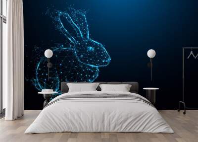 Abstract Rabbit form lines and triangles, point connecting network on blue background. Illustration vector Wall mural