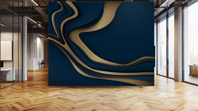 Abstract wavy layers pattern with luxury dark blue and gold background. Vector illustration Wall mural