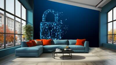 Cyber security concept. Lock symbol from lines and triangles, point connecting network on blue background. Illustration vector Wall mural