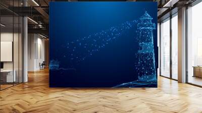 Lighthouse searchlight beam through Yacht in the sea from lines and triangles, point connecting network on blue background. Illustration vector Wall mural