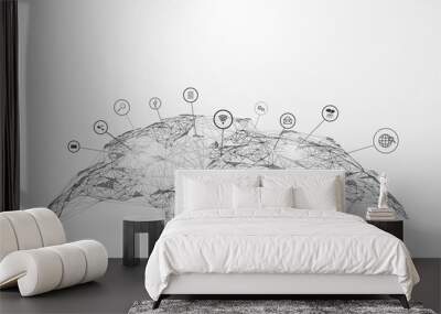 Low polygon Globe Map with social icons wireframe mesh on blue background Wall mural